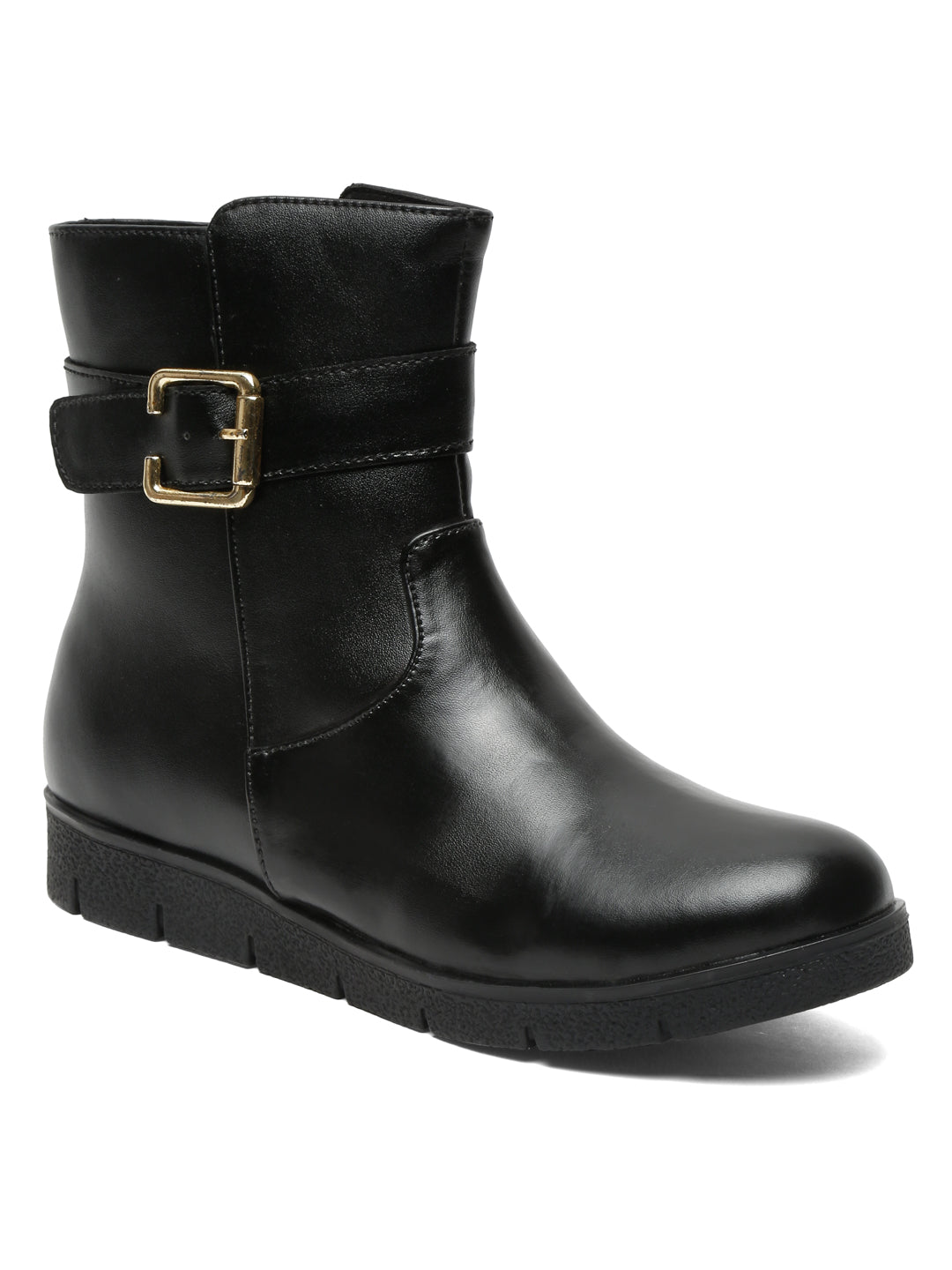 Stylish Ankle Black Boots With Buckle Detail | Women's Winter Zip-Up Leather Boots