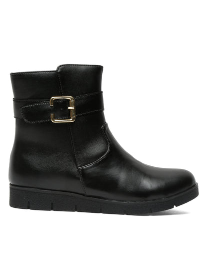 Stylish Ankle Black Boots With Buckle Detail | Women's Winter Zip-Up Leather Boots