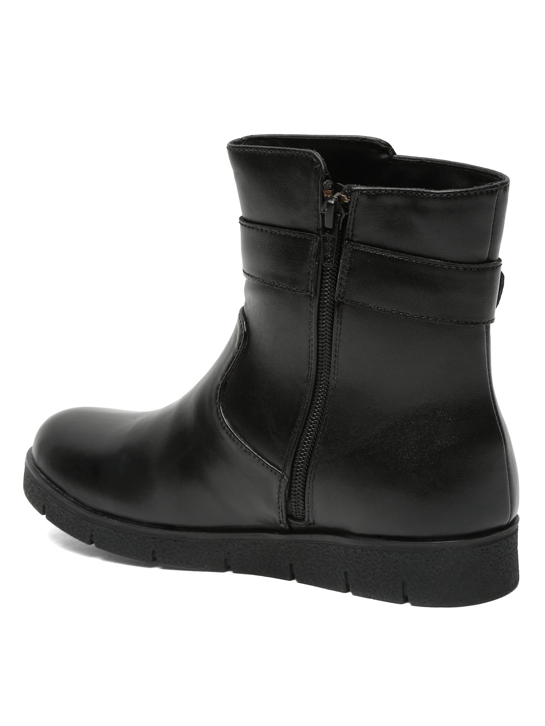 Stylish Ankle Black Boots With Buckle Detail | Women's Winter Zip-Up Leather Boots