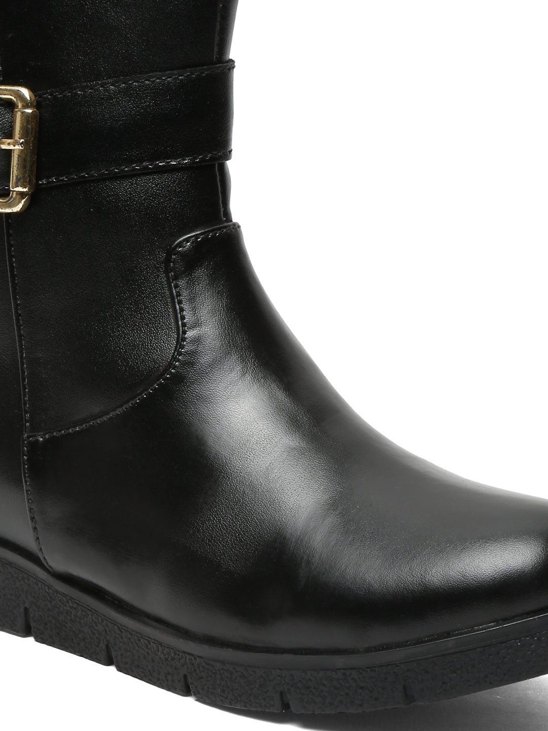 Stylish Ankle Black Boots With Buckle Detail | Women's Winter Zip-Up Leather Boots