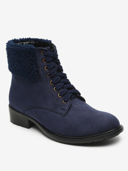 Stylish Navy Lace-Up Ankle Boots for Women | Cozy and Durable Design