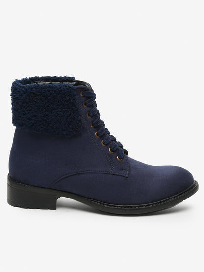 Stylish Navy Lace-Up Ankle Boots for Women | Cozy and Durable Design