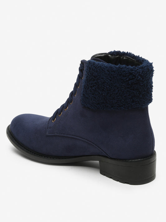 Stylish Navy Lace-Up Ankle Boots for Women | Cozy and Durable Design