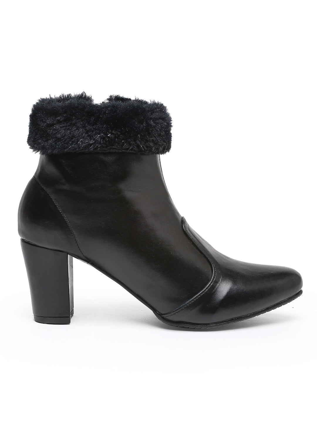 Stylish Black Heeled Ankle Boots with Faux Fur Trim