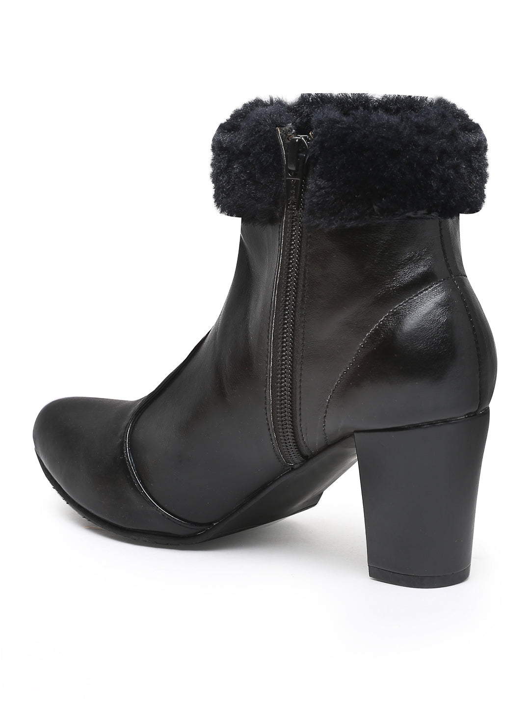 Stylish Black Heeled Ankle Boots with Faux Fur Trim