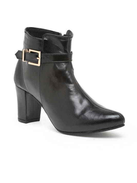 Women's Black Ankle Boots with Gold Buckle and Block Heel | Faux Leather Zipper Boots