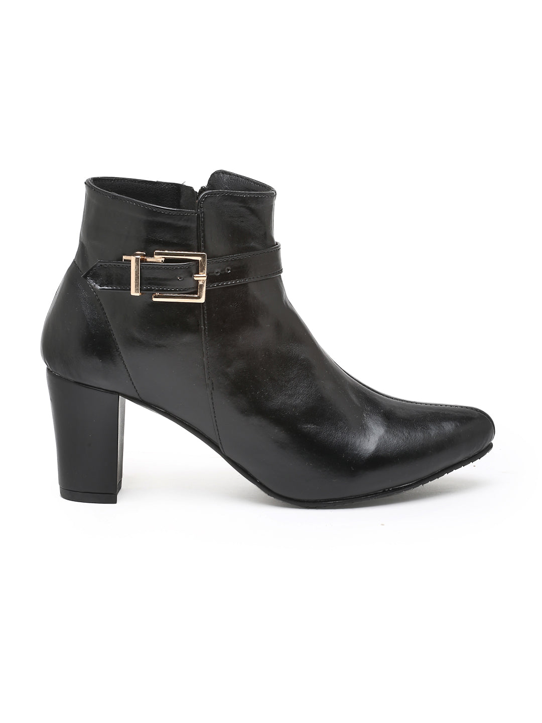 Women's Black Ankle Boots with Gold Buckle and Block Heel | Faux Leather Zipper Boots