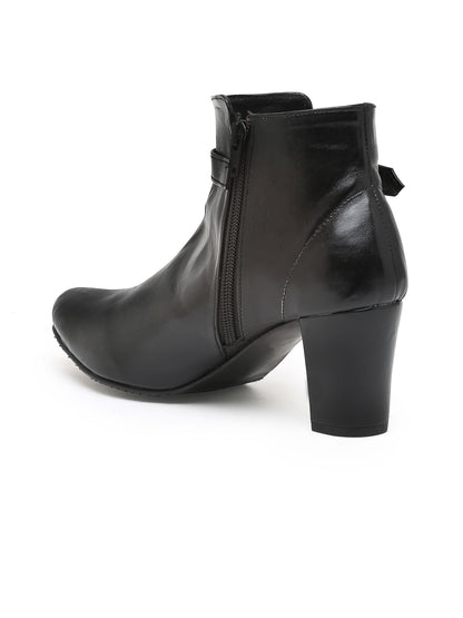 Women's Black Ankle Boots with Gold Buckle and Block Heel | Faux Leather Zipper Boots