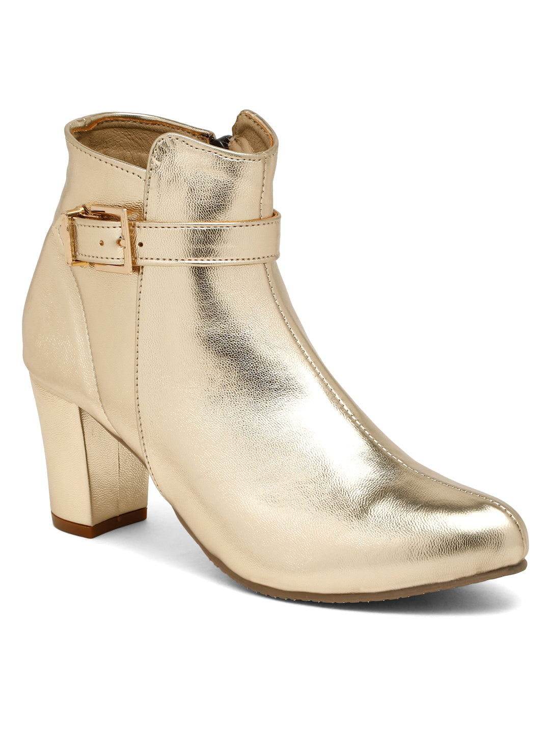 Glamorous Gold Ankle Boots with Buckle Detail - Flat N Heels