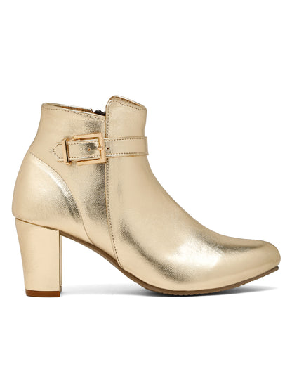 Glamorous Gold Ankle Boots with Buckle Detail - Flat N Heels