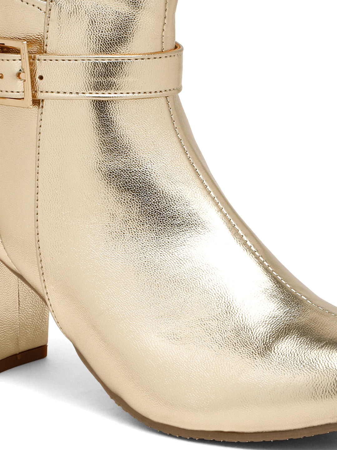 Glamorous Gold Ankle Boots with Buckle Detail - Flat N Heels