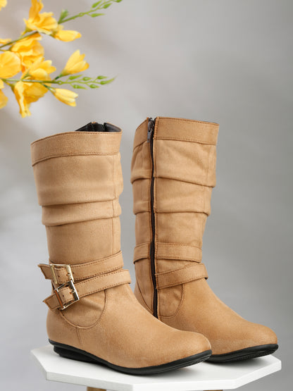 Chic Beige Mid-Calf Boots for Women - Stylish Suede with Buckle Design