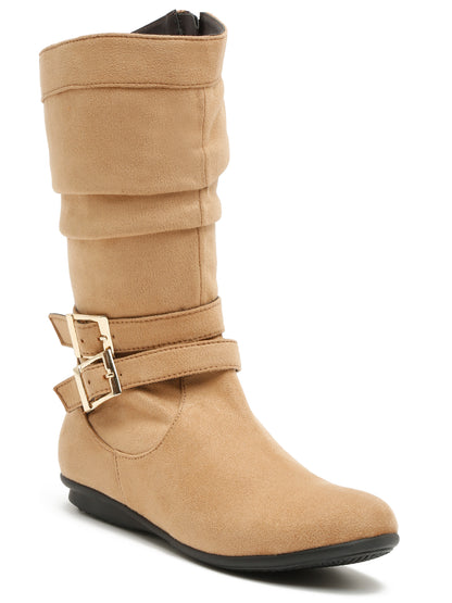 Chic Beige Mid-Calf Boots for Women - Stylish Suede with Buckle Design