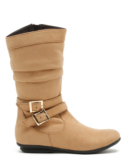 Chic Beige Mid-Calf Boots for Women - Stylish Suede with Buckle Design