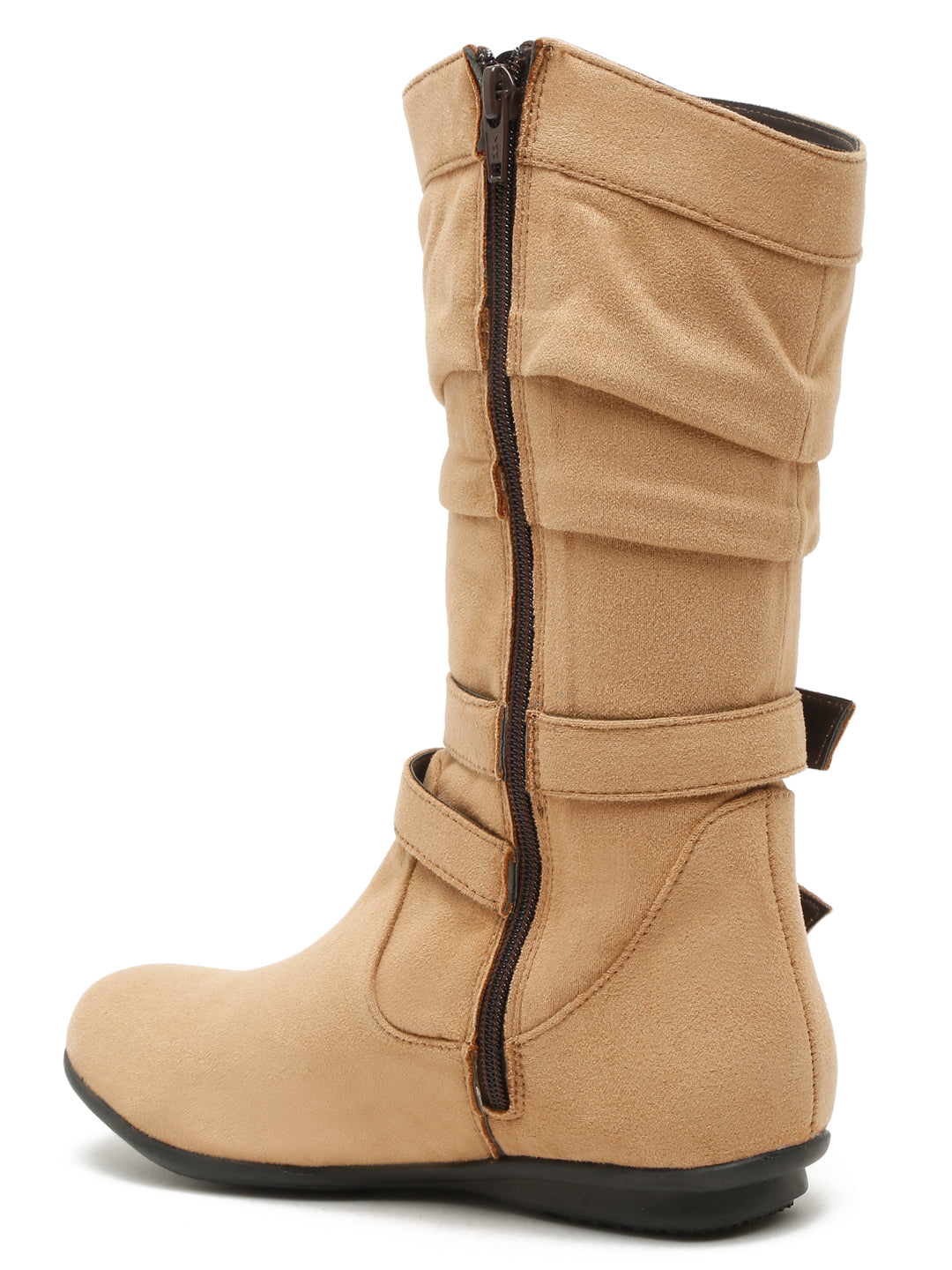 Chic Beige Mid-Calf Boots for Women - Stylish Suede with Buckle Design