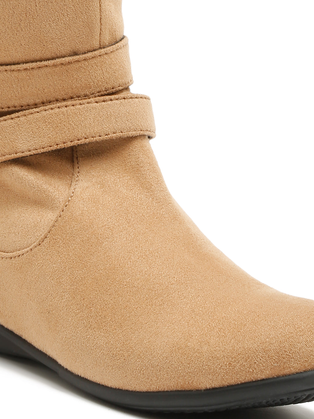 Chic Beige Mid-Calf Boots for Women - Stylish Suede with Buckle Design