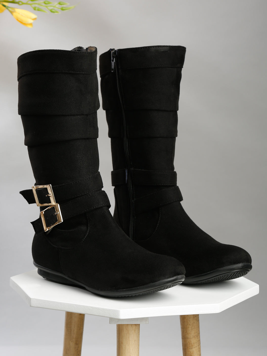 Chic Beige Mid-Calf Boots for Women - Stylish Suede with Buckle Design