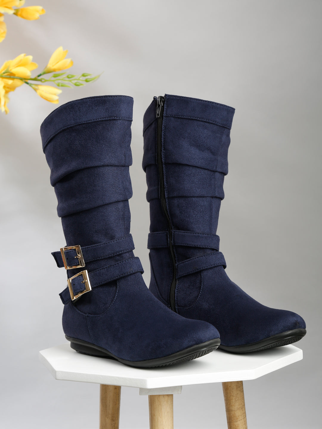 Chic Beige Mid-Calf Boots for Women - Stylish Suede with Buckle Design