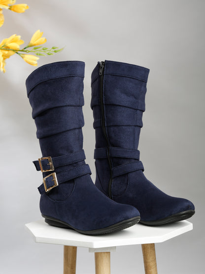 Chic Beige Mid-Calf Boots for Women - Stylish Suede with Buckle Design