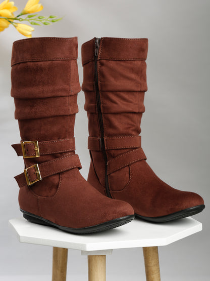 Chic Beige Mid-Calf Boots for Women - Stylish Suede with Buckle Design