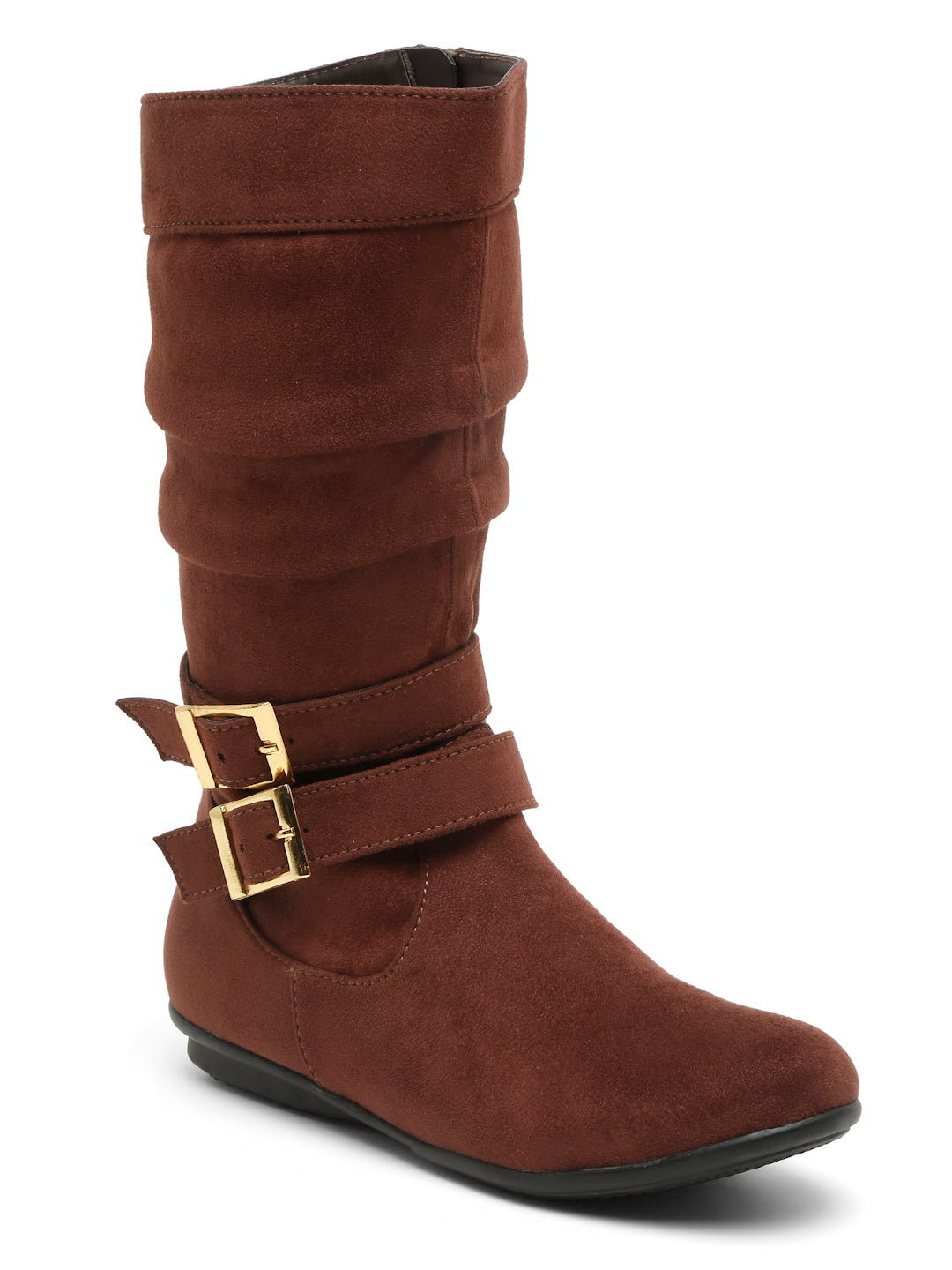 Chic Beige Mid-Calf Boots for Women - Stylish Suede with Buckle Design