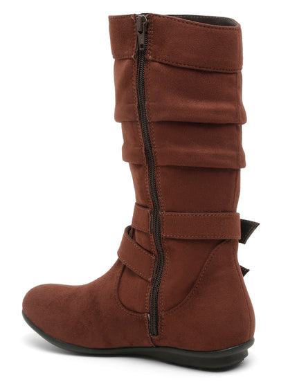 Chic Beige Mid-Calf Boots for Women - Stylish Suede with Buckle Design