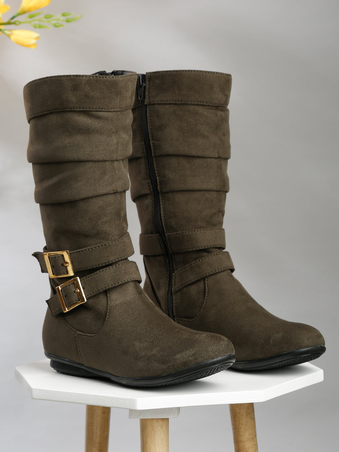 Chic Beige Mid-Calf Boots for Women - Stylish Suede with Buckle Design