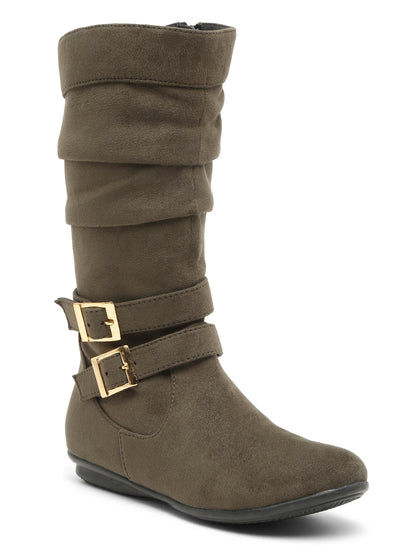 Chic Beige Mid-Calf Boots for Women - Stylish Suede with Buckle Design