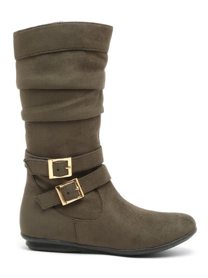 Chic Beige Mid-Calf Boots for Women - Stylish Suede with Buckle Design