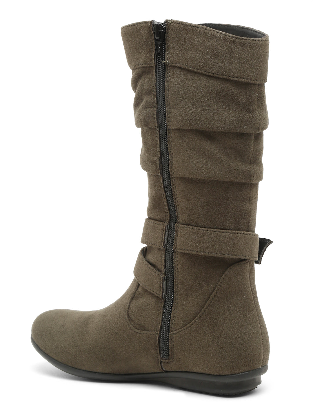 Chic Beige Mid-Calf Boots for Women - Stylish Suede with Buckle Design