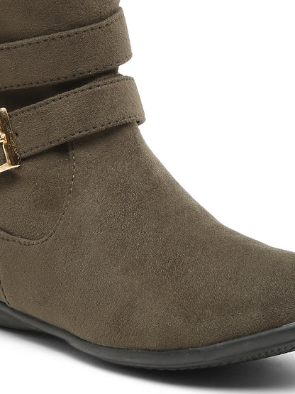 Chic Beige Mid-Calf Boots for Women - Stylish Suede with Buckle Design