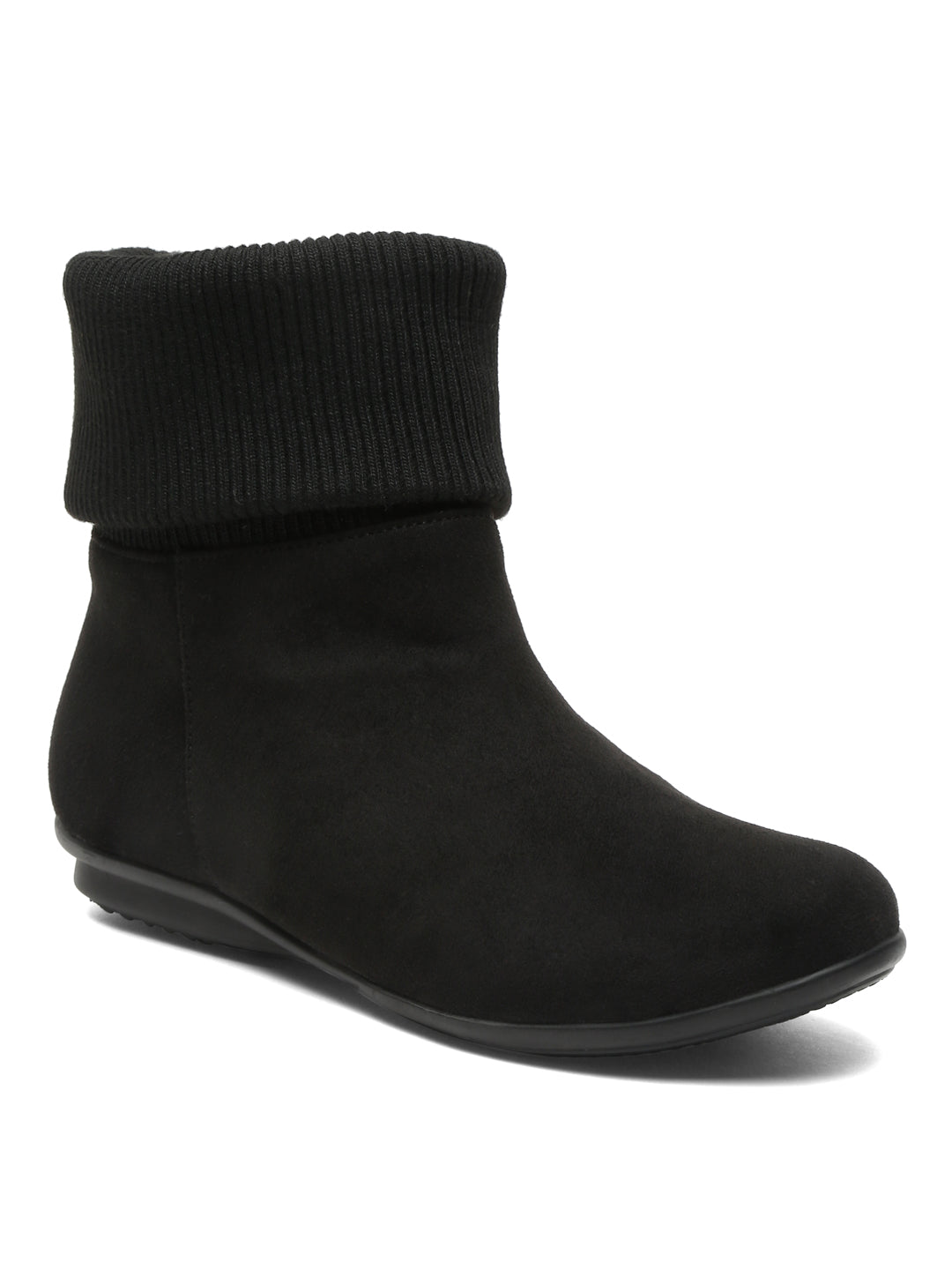 Stylish Black Foldable Knitted Cuff Ankle Boots - Comfortable & Warm Footwear