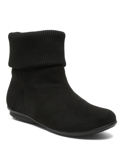 Stylish Black Foldable Knitted Cuff Ankle Boots - Comfortable & Warm Footwear