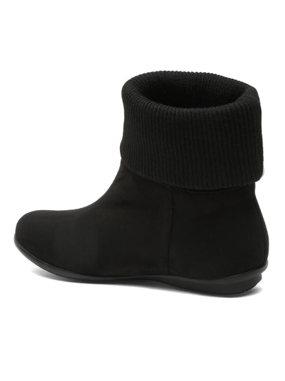 Stylish Black Foldable Knitted Cuff Ankle Boots - Comfortable & Warm Footwear