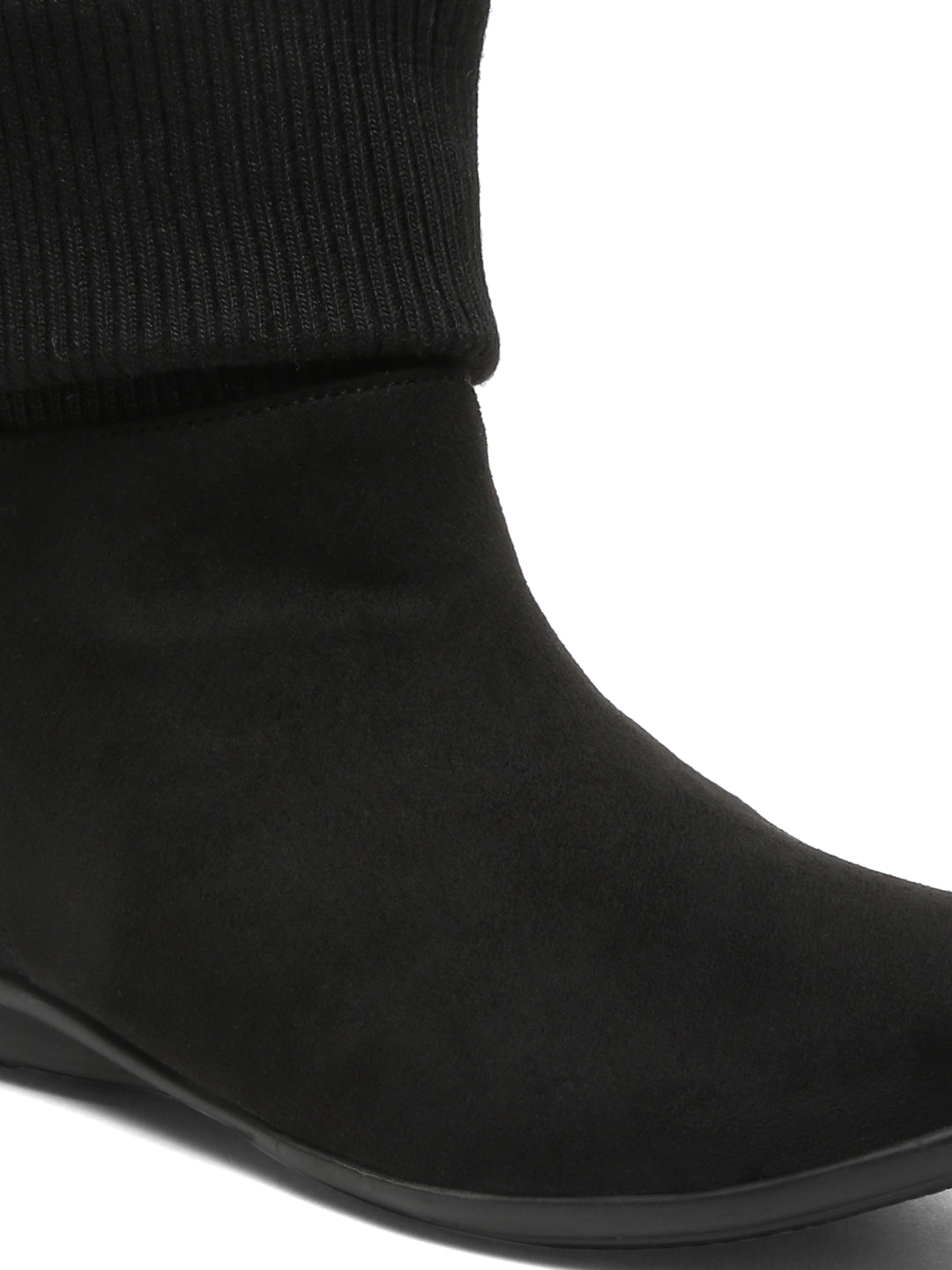 Stylish Black Foldable Knitted Cuff Ankle Boots - Comfortable & Warm Footwear