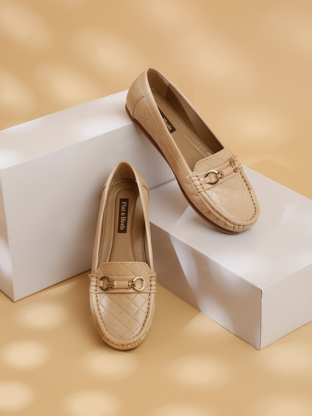 Beige Quilted Loafers for Women - Flat Heels with Gold Buckle Accent