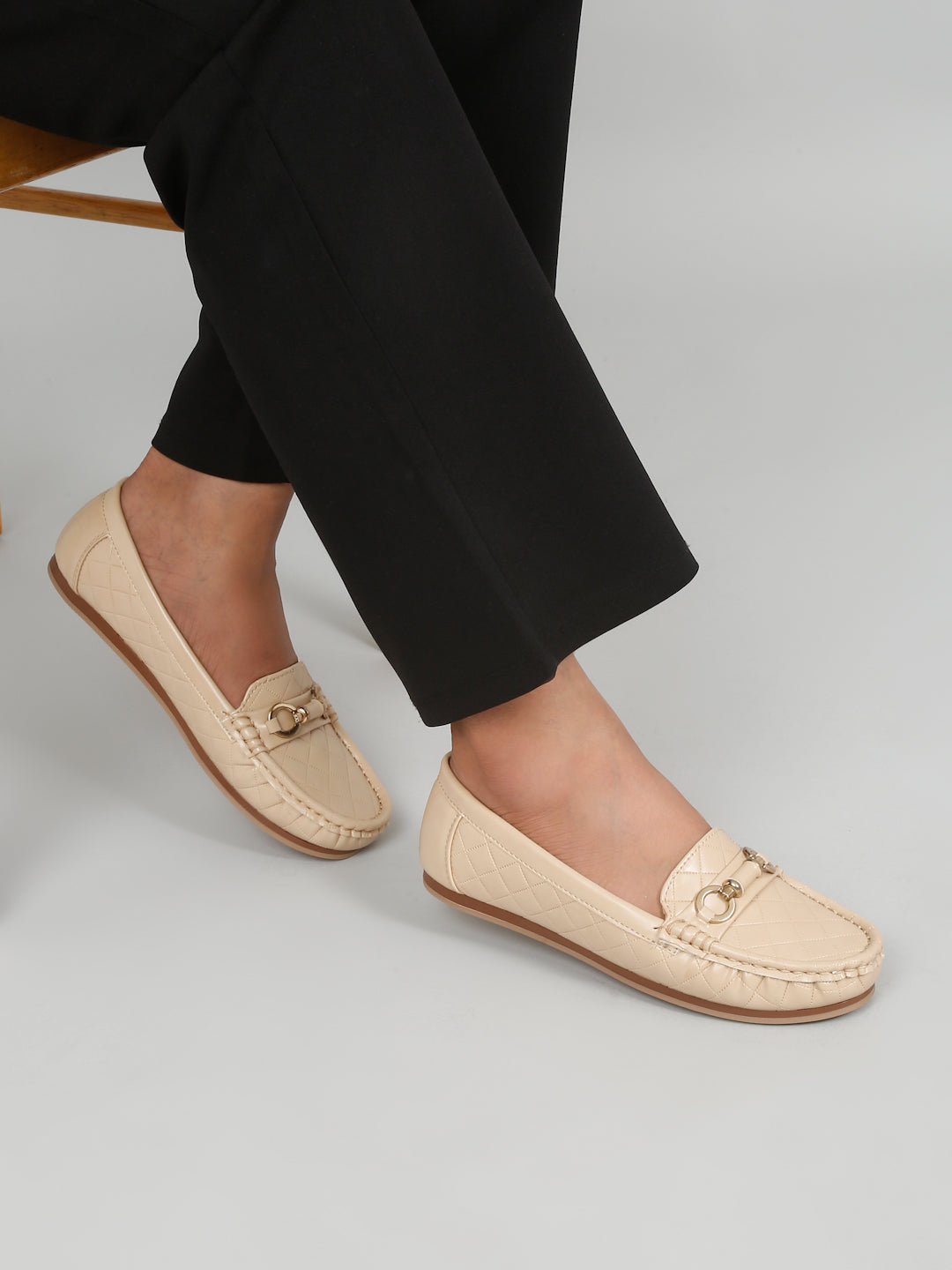 Beige Quilted Loafers for Women - Flat Heels with Gold Buckle Accent