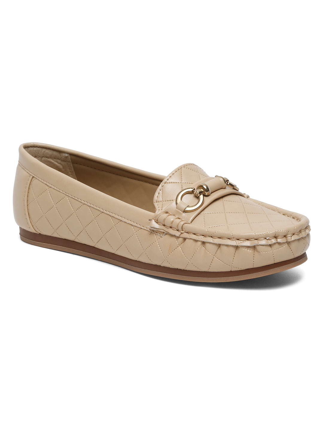 Beige Quilted Loafers for Women - Flat Heels with Gold Buckle Accent