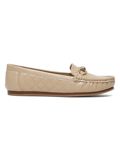 Beige Quilted Loafers for Women - Flat Heels with Gold Buckle Accent