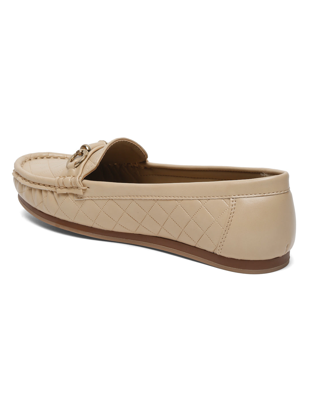 Beige Quilted Loafers for Women - Flat Heels with Gold Buckle Accent