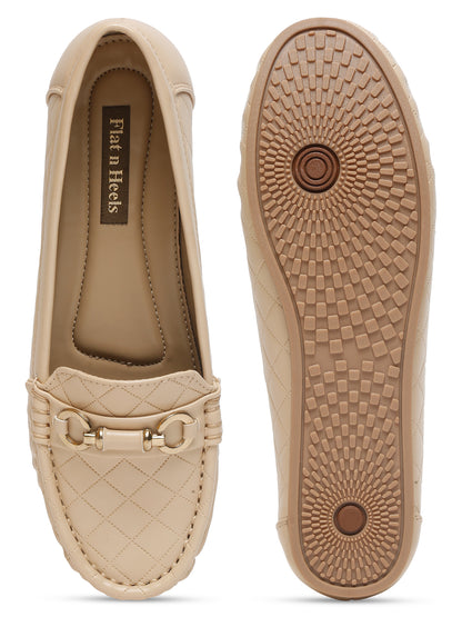 Beige Quilted Loafers for Women - Flat Heels with Gold Buckle Accent