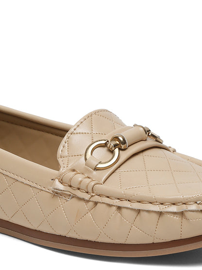 Beige Quilted Loafers for Women - Flat Heels with Gold Buckle Accent