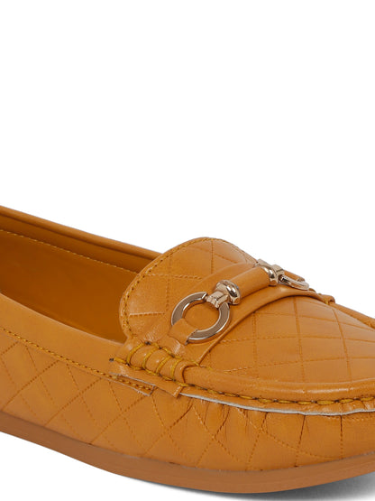 Beige Quilted Loafers for Women - Flat Heels with Gold Buckle Accent