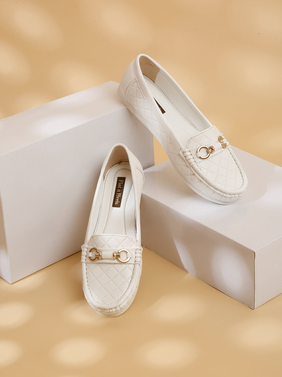 Beige Quilted Loafers for Women - Flat Heels with Gold Buckle Accent