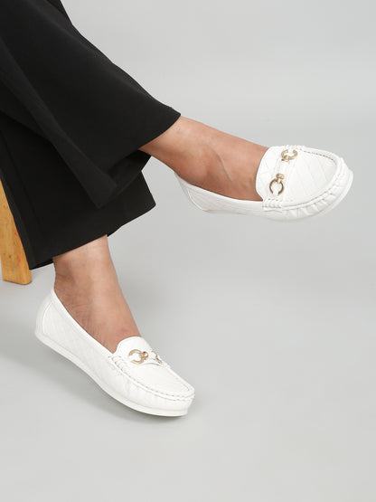 Beige Quilted Loafers for Women - Flat Heels with Gold Buckle Accent