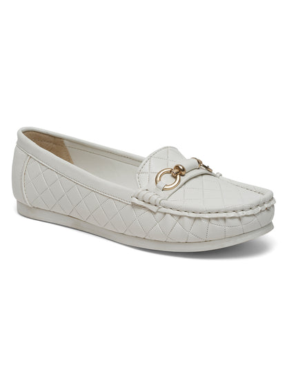 Beige Quilted Loafers for Women - Flat Heels with Gold Buckle Accent