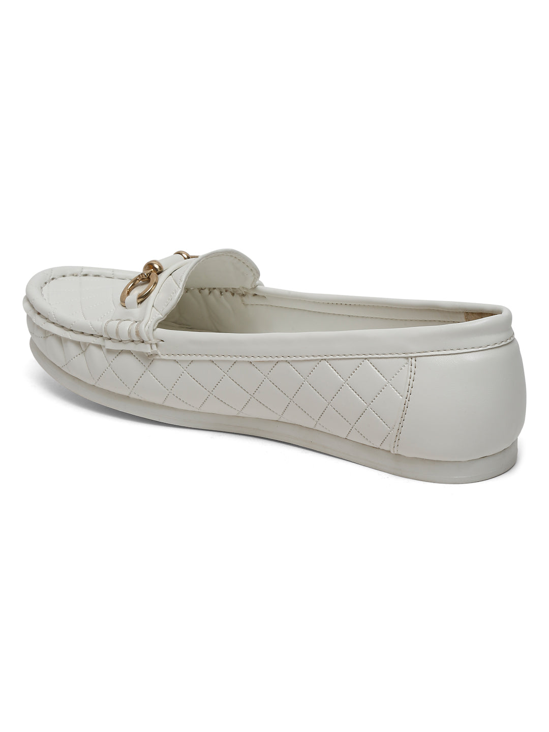 Beige Quilted Loafers for Women - Flat Heels with Gold Buckle Accent