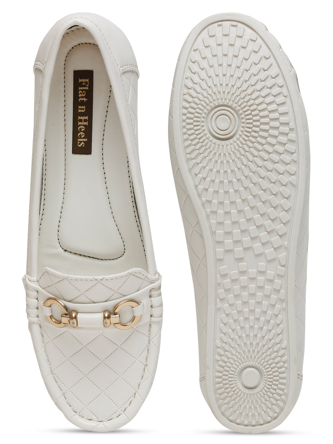 Beige Quilted Loafers for Women - Flat Heels with Gold Buckle Accent