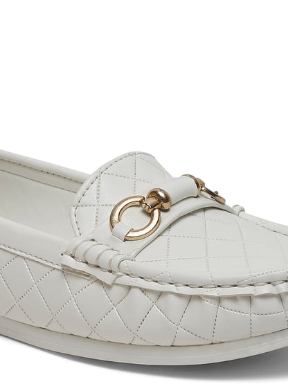 Beige Quilted Loafers for Women - Flat Heels with Gold Buckle Accent