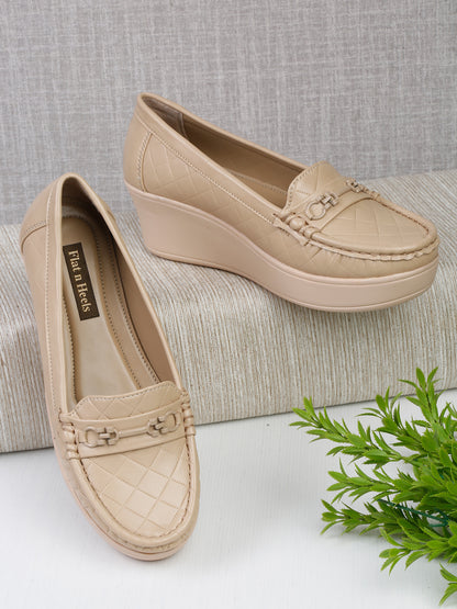 Beige Quilted Wedge Loafers for Women – Stylish Platform Design with Buckle Accent